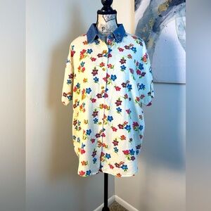 Bill Blass Vintage Floral Button Down Shirt with Embroidered Denim Collar Size L